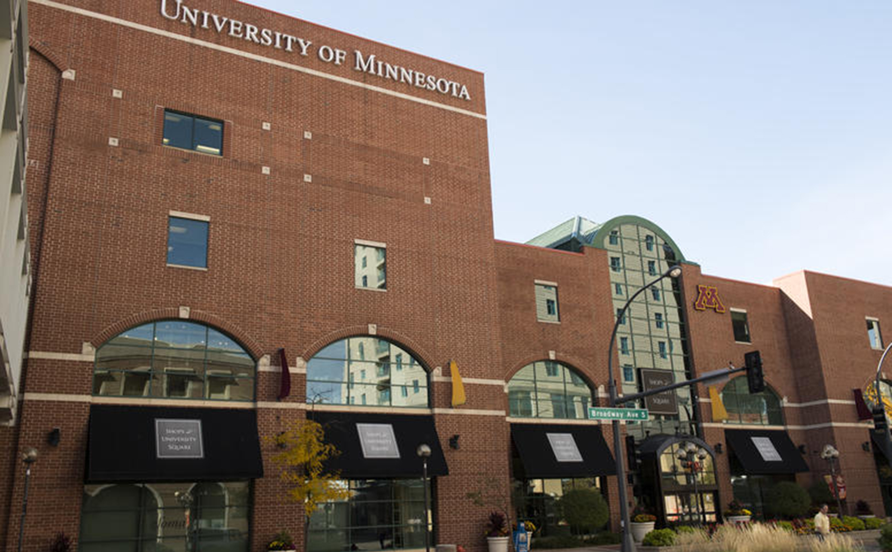 University of Minnesota Rochester, Campus Square building facade with glass windows and large M logo